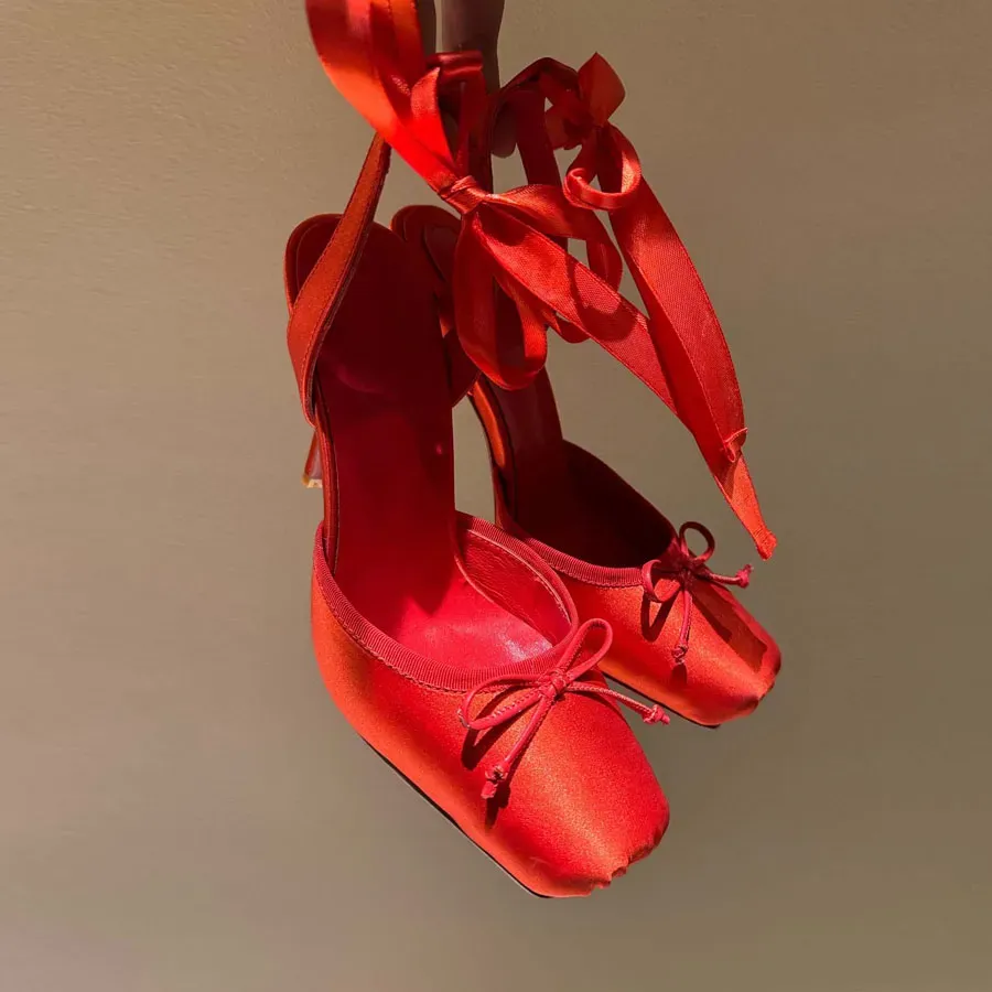 Bowtie Square Toe Stiletto High heels Ballet shoes Womens Fashion Ankle strap Satin pumps Dress Shoes Slingbacks shoes Luxury Designer heels sandals Size 34-41 Pink