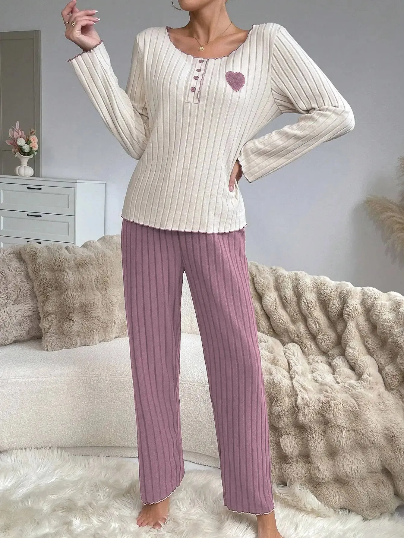 Women Casual Pajamas Set Autumn Winter Sleepwear Long Sleeve Heart ...