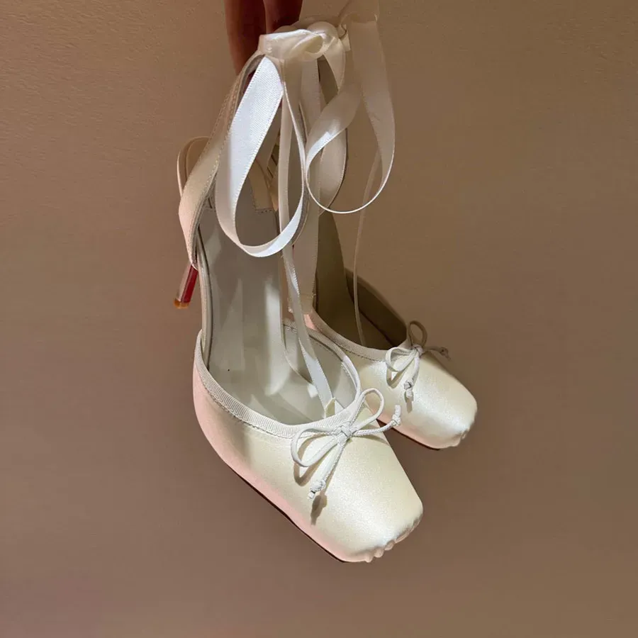 Bowtie Square Toe Stiletto High heels Ballet shoes Womens Fashion Ankle strap Satin pumps Dress Shoes Slingbacks shoes Luxury Designer heels sandals Size 34-41 Pink