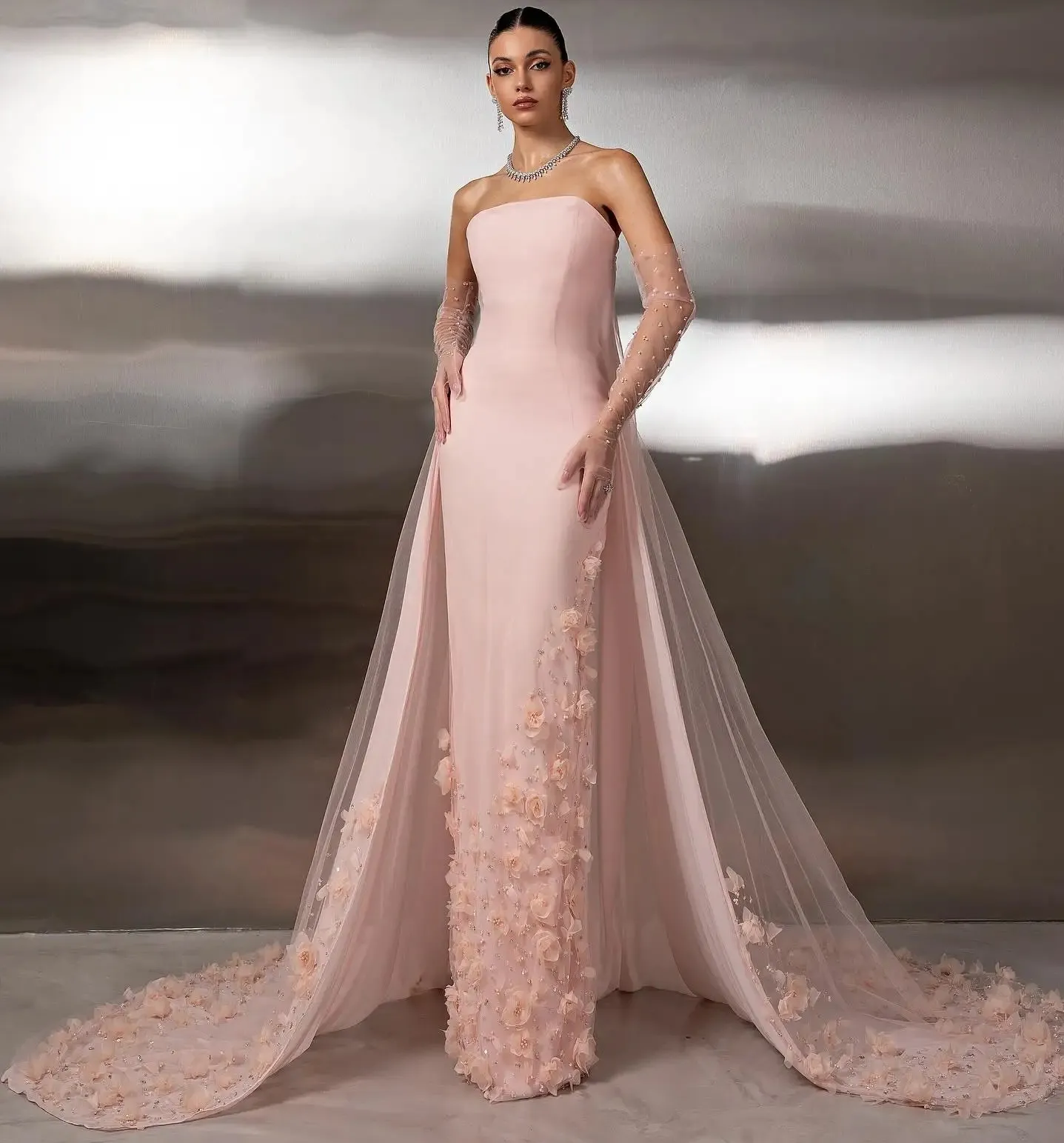pink column dress Off-The-Shoulder with Central Pleat Panel Blush / FR 46 evoking the image of flowers blooming in the Royal Garden Shirees Plum Sheath/Column Floral Lace