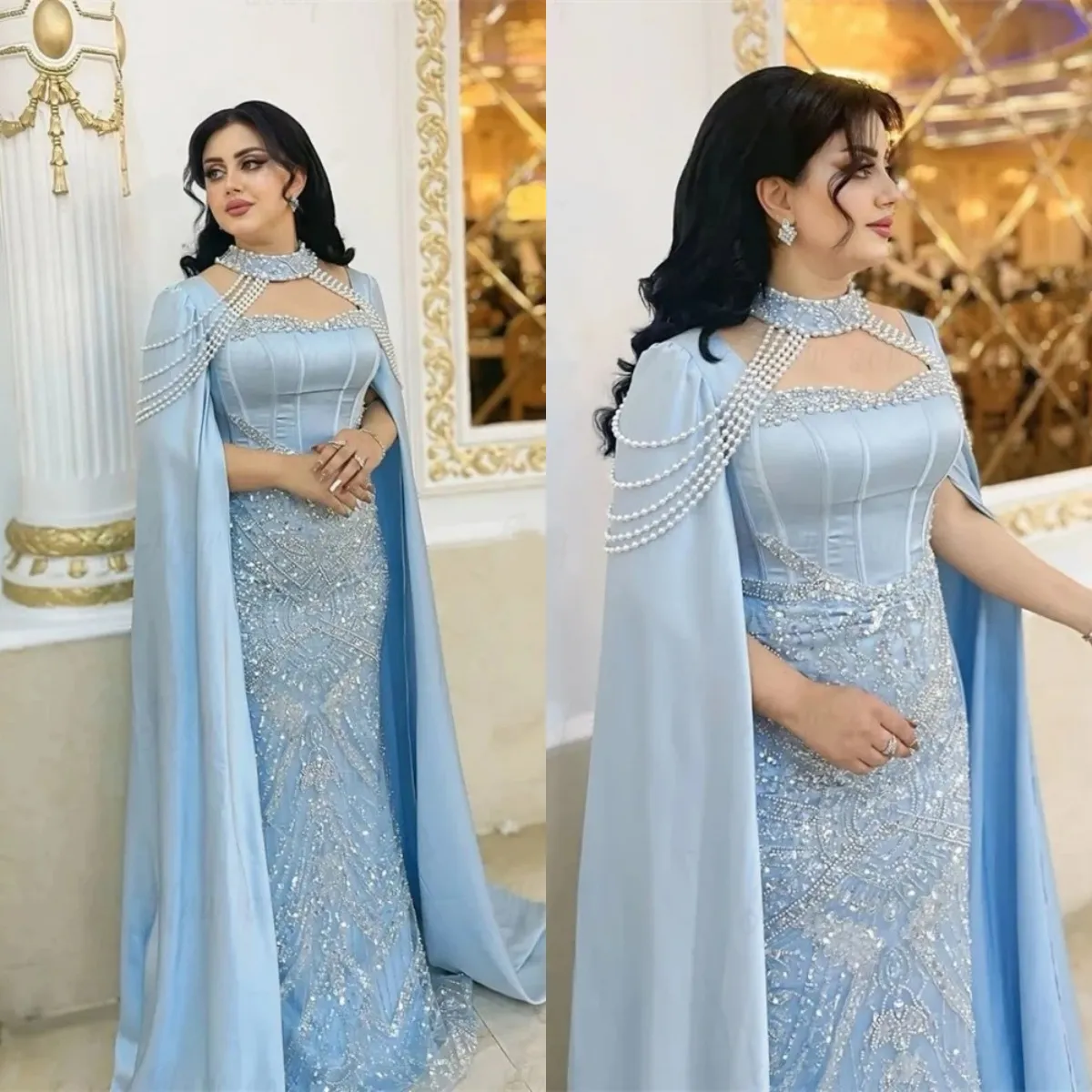 Designer Evening Dresses For Women Sweetheart Neck Wrap Gown Pearls Sequins  Sweep Train Dress Party vestido de noche
