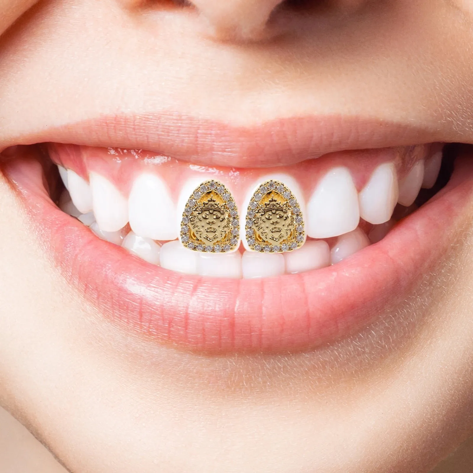 Single Tooth Cap Grill Gold Hollow Carved Lion Pattern Plastic Teeth ...