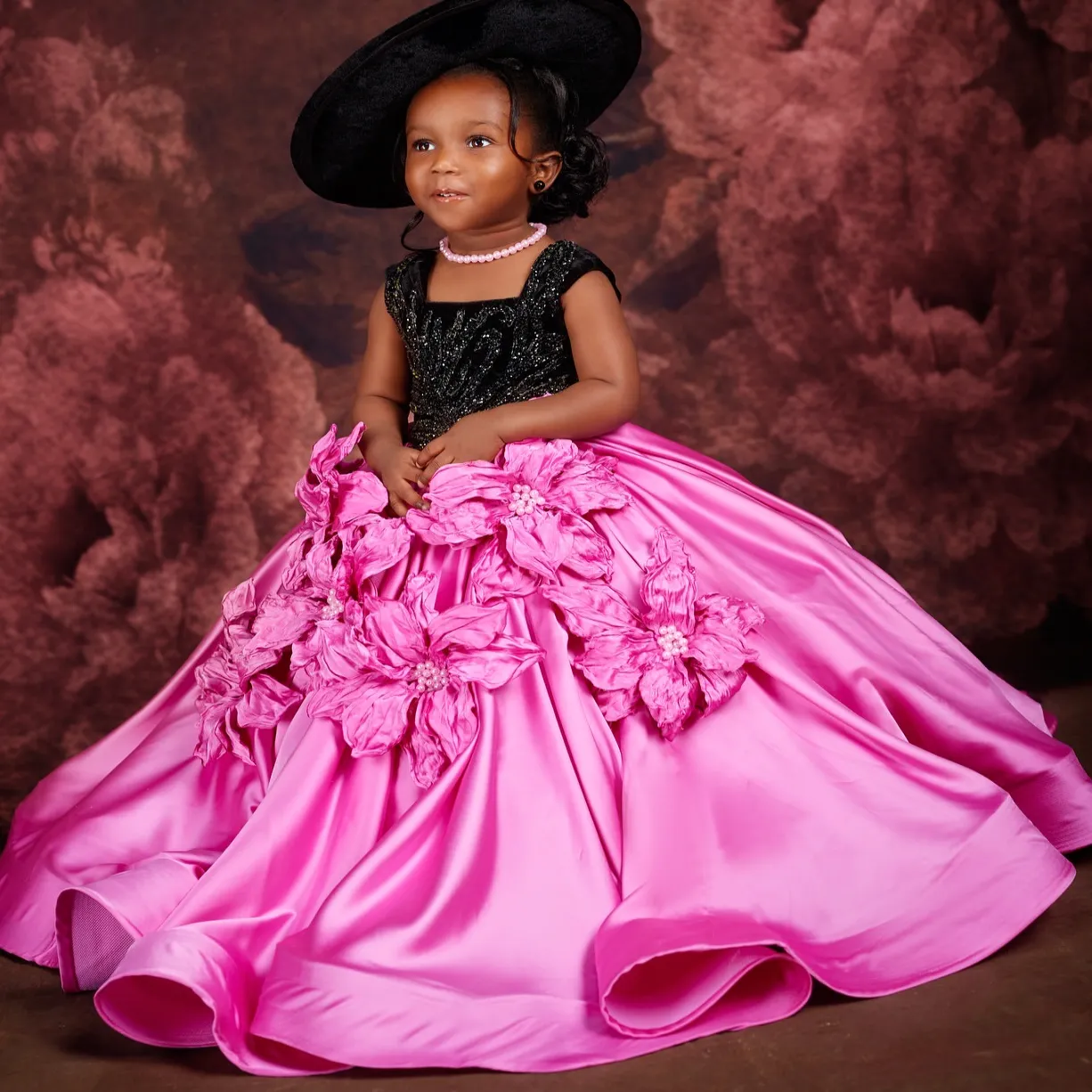 2026 Hot Pink Ball Gown Flower Girl Dresses Square Flowers Satin Little  Girl Christmas Peageant Birthday Christening Tutu Dress Gowns ZJ422