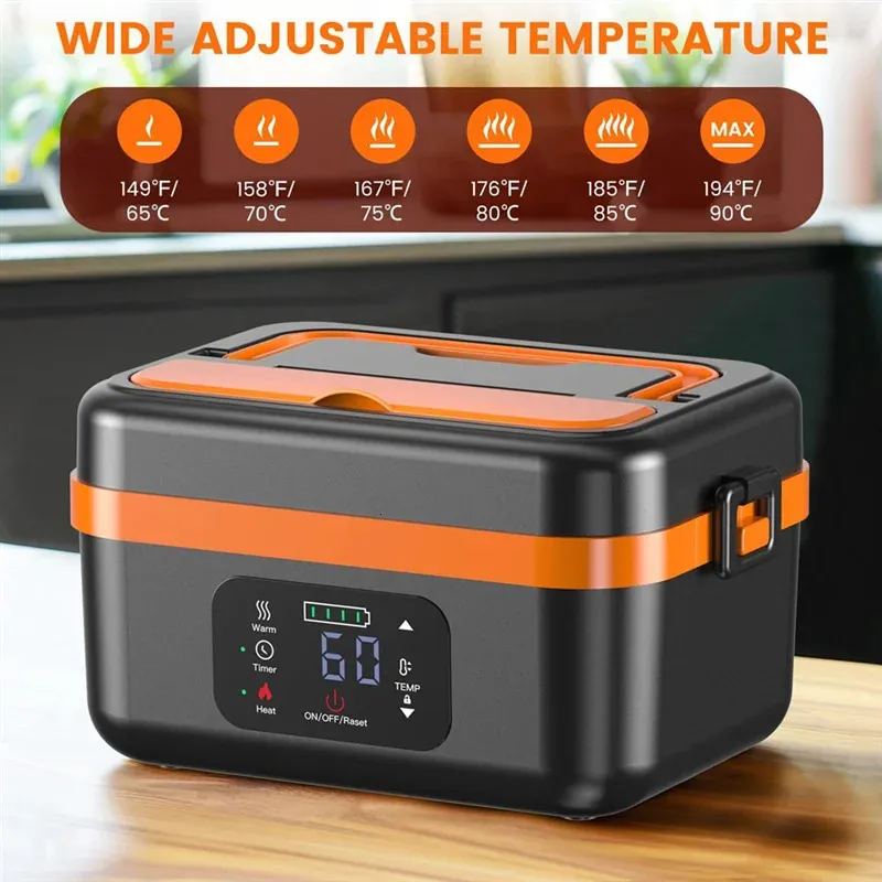 Boîte à Lunch Sans Fil Sans Eau Nécessaire Alimentée par Batterie Boîte à Lunch Chauffante USB Boîte à Lunch pour Adultes 1L Conteneur en Acier Inoxydable 304 Temps de Chauffage Sélectionnable