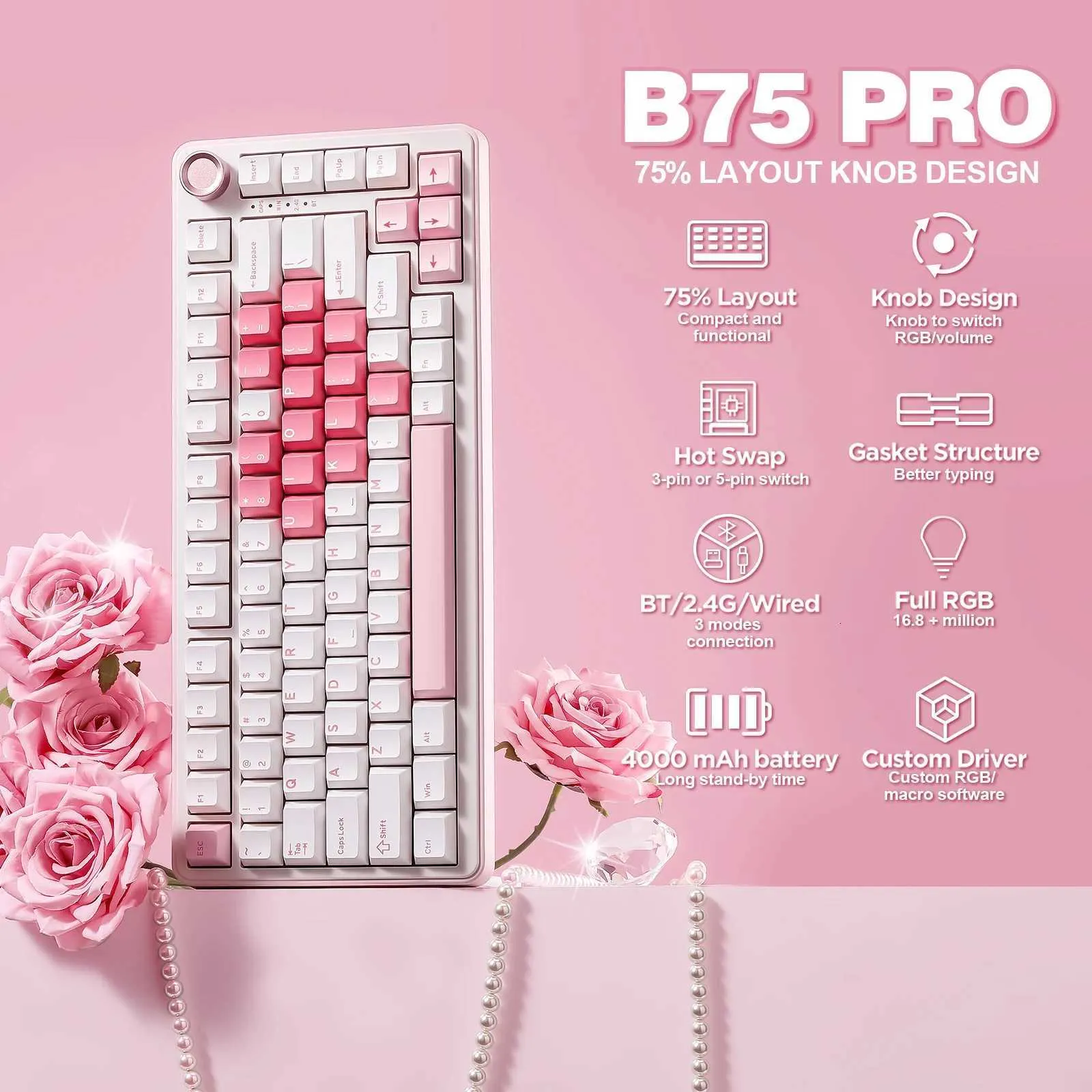 YUNZII B75 PRO メカニカル ゲーミング キーボード ホワイト ハート