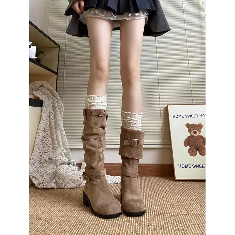 Western-Cowboy-Overknee-Stiefel für Damen, Herbst/Winter-Stil, klobiger Absatz, schlankmachende Stiefel, Polyurethan, rund_voghion.com