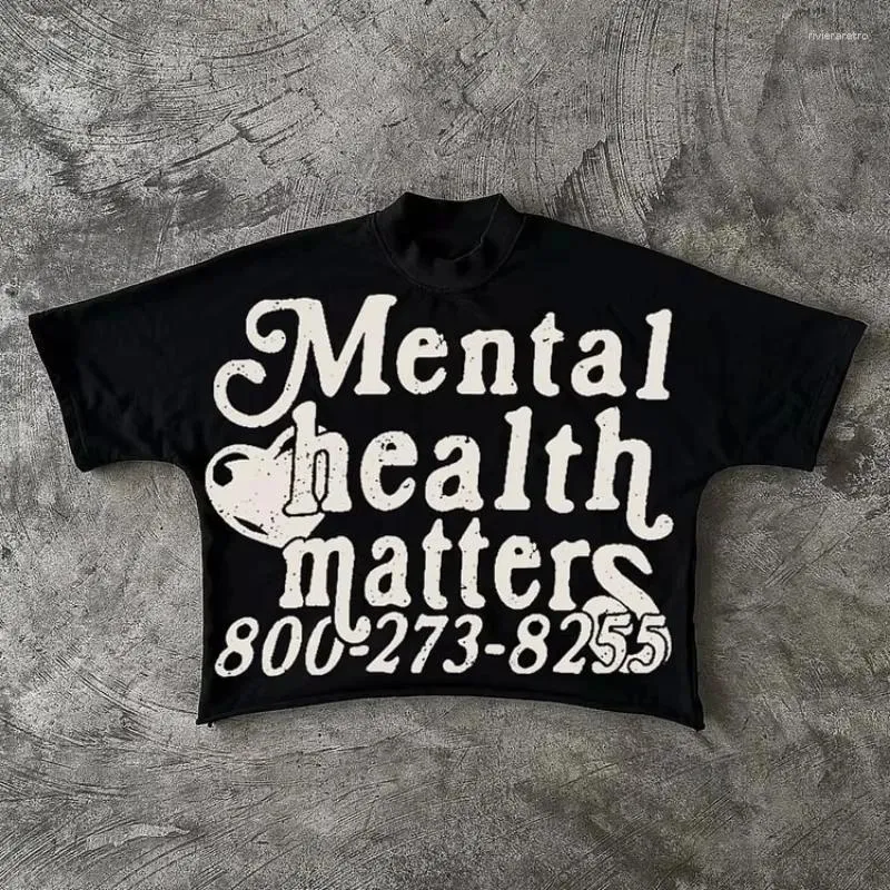 Men's T Shirts Mental Health Matters Graphics Cotton Cropped T-Shirts Men Y2K Short Sleeves Vintage Oversize Tshirt Streetwear Women Tops