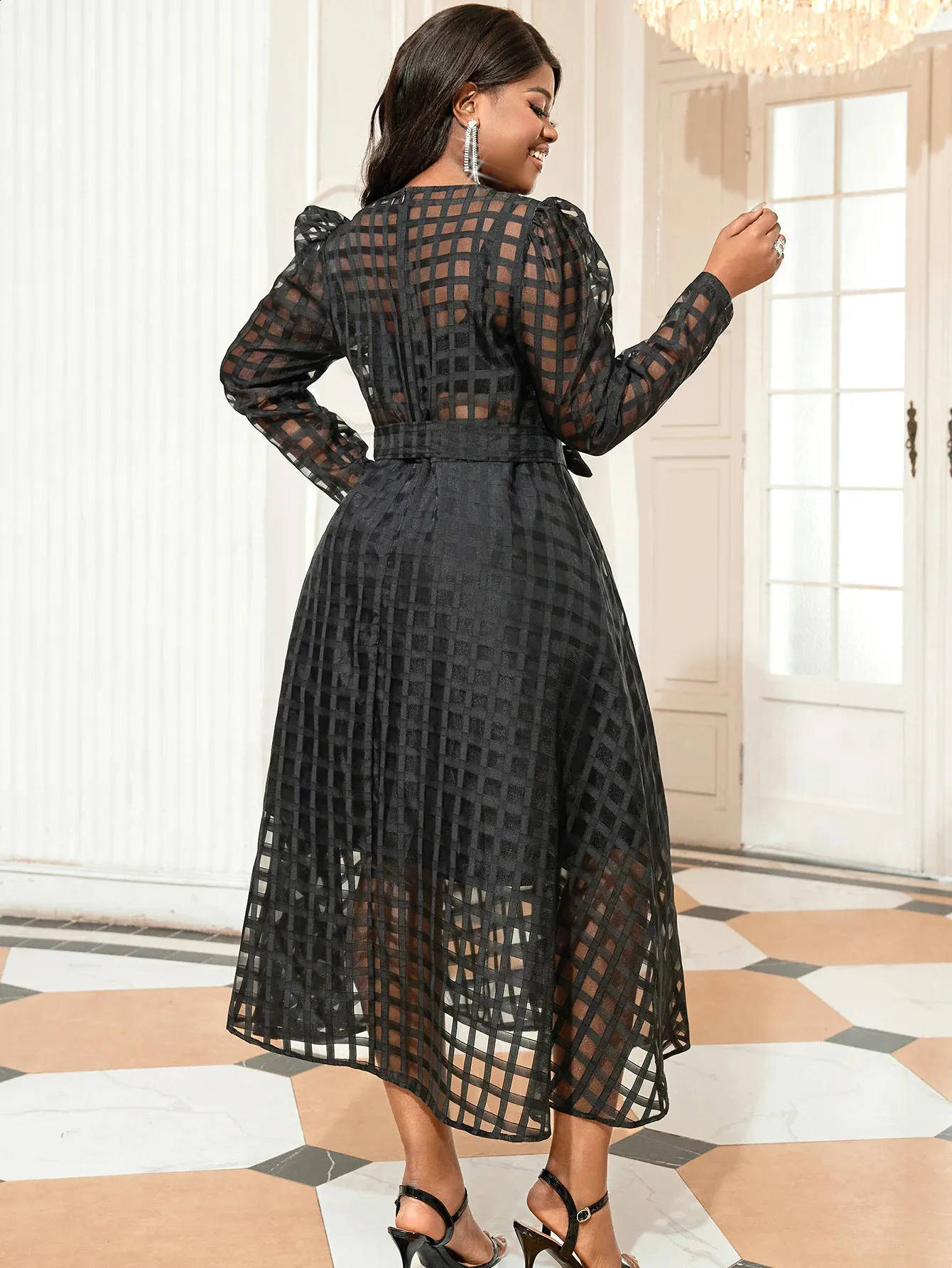 Black Mesh Round Neck Plus Size Plus Size Black dress with Bubble Sleeves - Casual Street Clothing Long Robe (YY250515)
