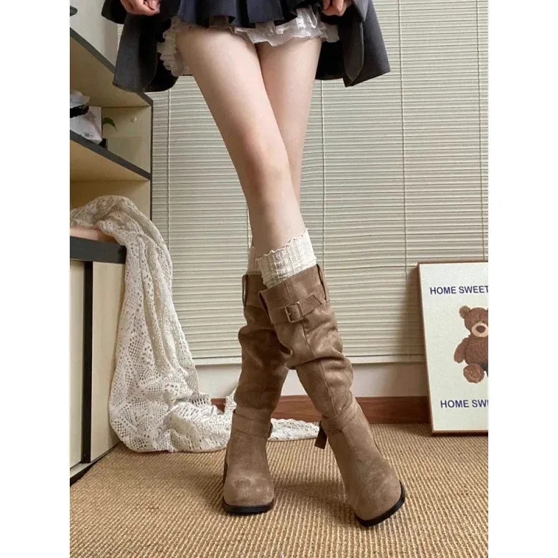 Western-Cowboy-Overknee-Stiefel für Damen, Herbst/Winter-Stil, klobiger Absatz, schlankmachende Stiefel, Polyurethan, rund_voghion.com