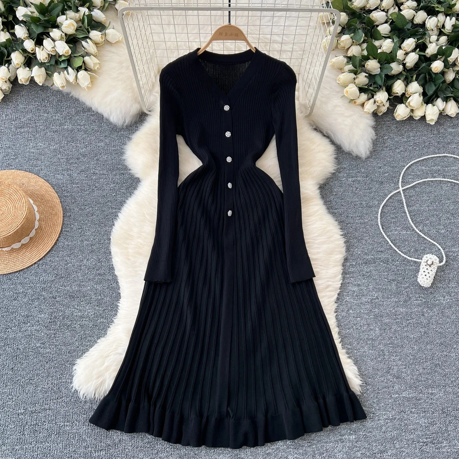 knitted aline dress Long Sleeve A Line Pleated Knitted Mini Dress