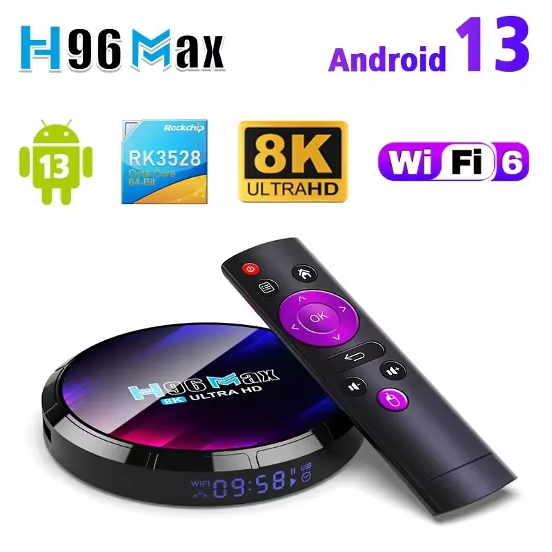 Boîtier Android H96 Max - RK3528 Quad-Core, 4 Go RAM, 32 Go ROM, WiFi6, Bluetooth 5.0, 8K HDR10+ - Media Player