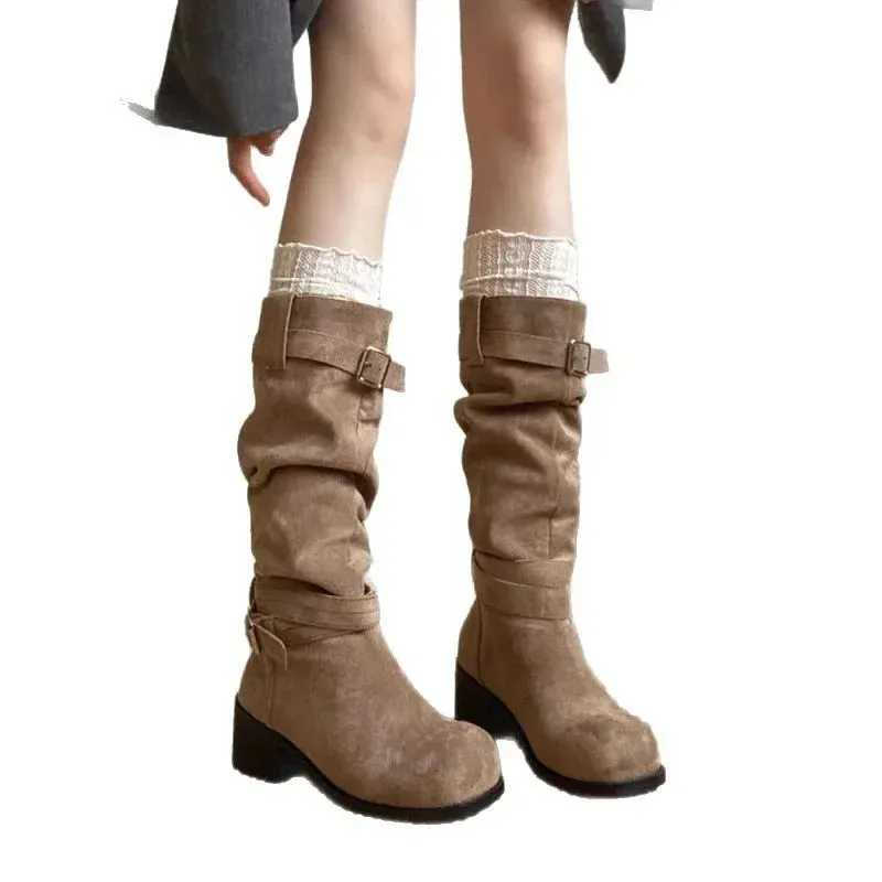 Western-Cowboy-Overknee-Stiefel für Damen, Herbst/Winter-Stil, klobiger Absatz, schlankmachende Stiefel, Polyurethan, rund_voghion.com