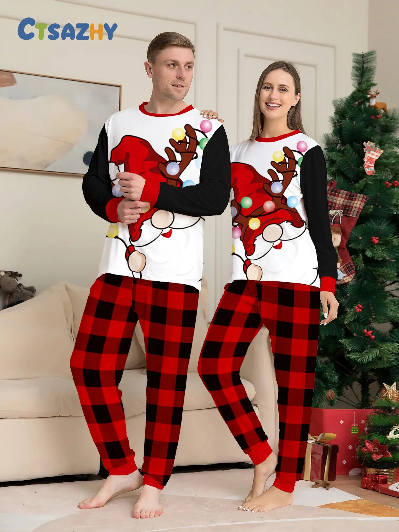 Matching Christmas Pajamas for Couples Acrylic Knit Red Black Plaid ...