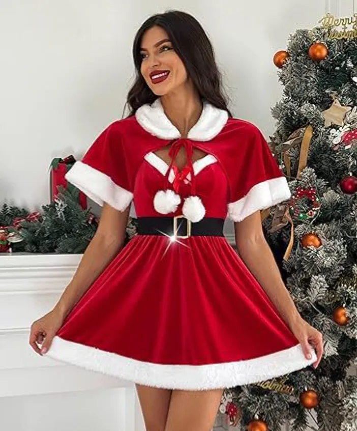 Christmas Themed Dress For Womens Holiday Party, Sexy Chest Revealing Red  Dress With Plush Cape From 41,61  | DHgate