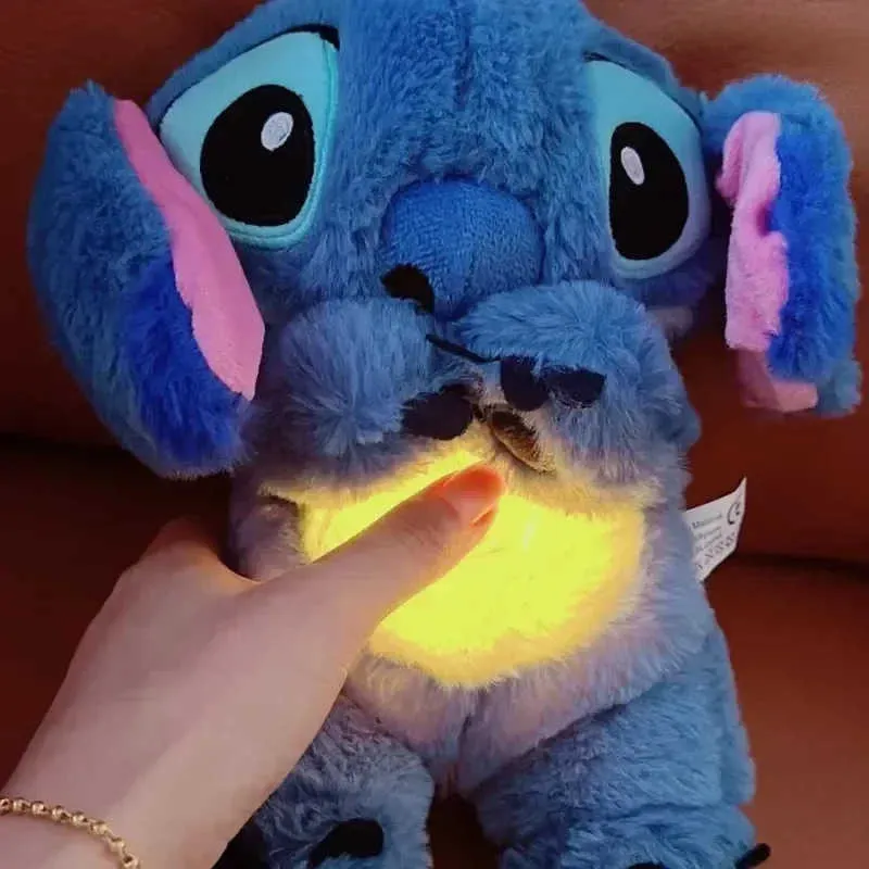 Disney New Lilo Stitch Plush Doll Breathing Children Peluche Kawaii Soothes Toy Animation Baby Music Light Sleep Toy Pink Stitching Childrens Gift W250505