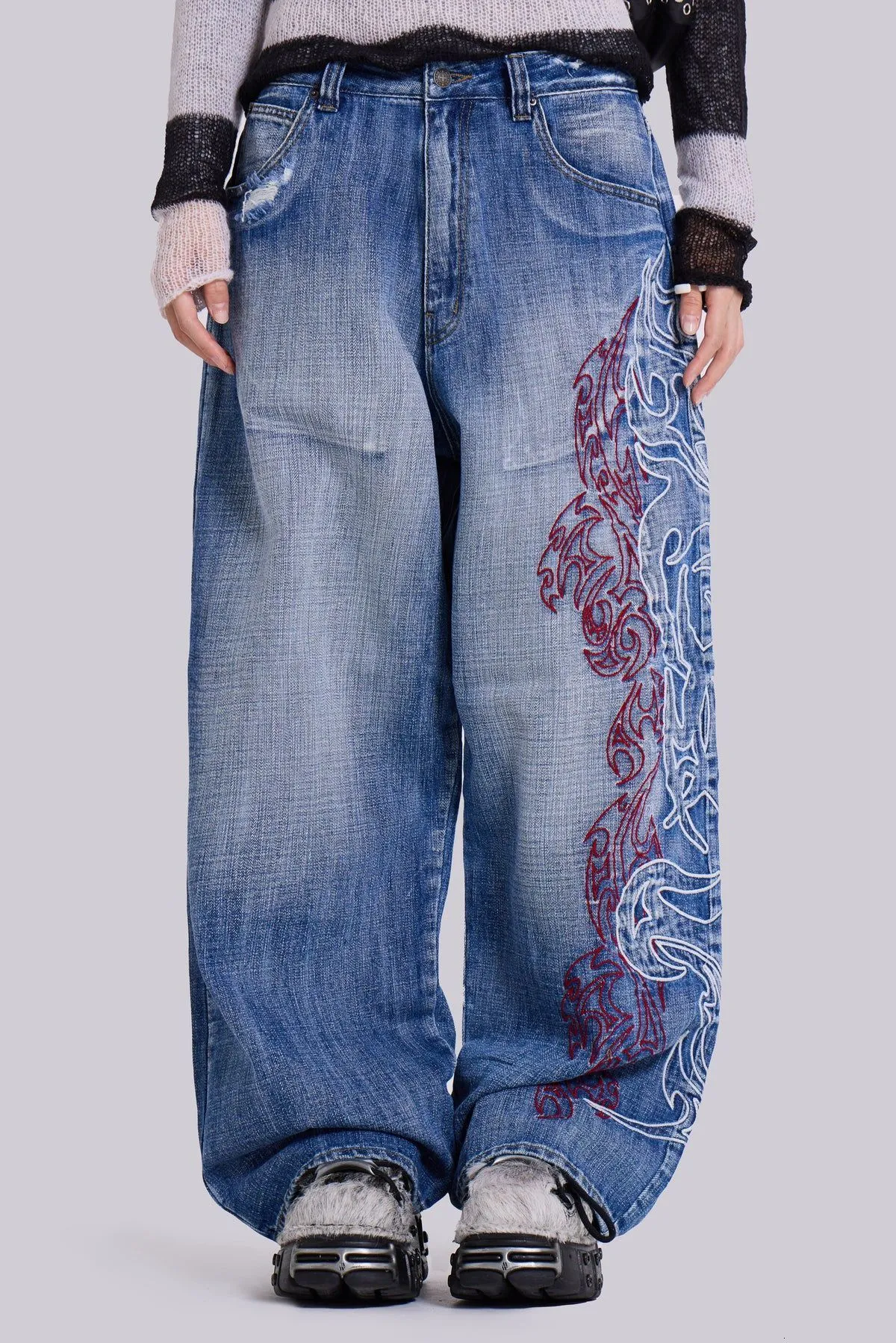 Dragon Graffiti Embroidery Wide Leg Distressed Jeans... From 