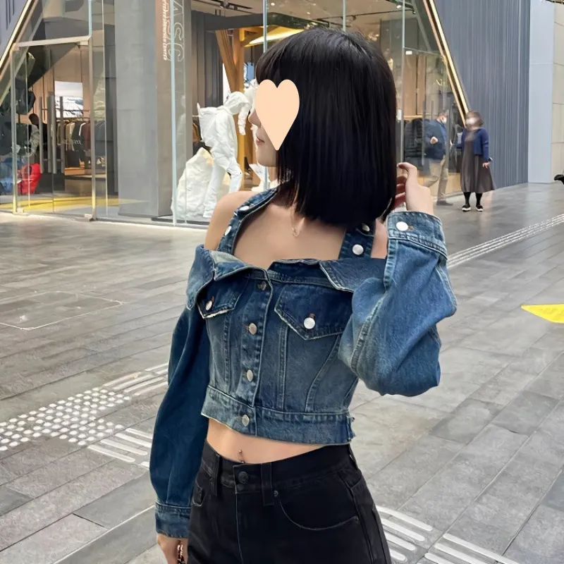 Fashion Off Shoulder Blue Jean Jacket Streetwear Denim Halter Neck