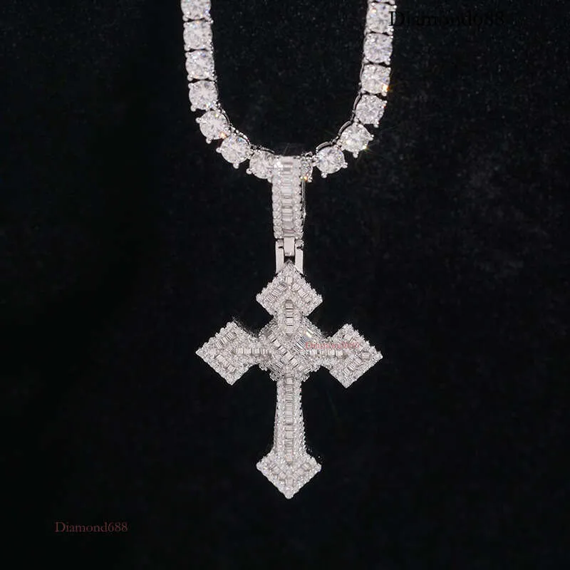 925 Sterling Silver Hip Hop Cross Pendant Necklace with White Diamond ...