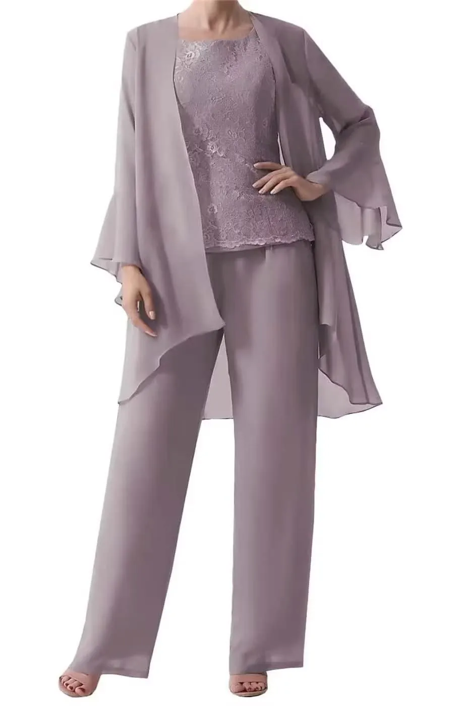 Elegant Chiffon Lace Jumpsuit With Jacket Pant Suit For Mother Of