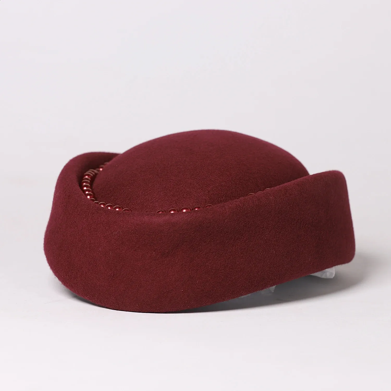 Red Beret with  Real Fur and Faux pearl details opvise Women Mini Hat Vintage Mesh Fishnet Solid Color Hair  main image 4