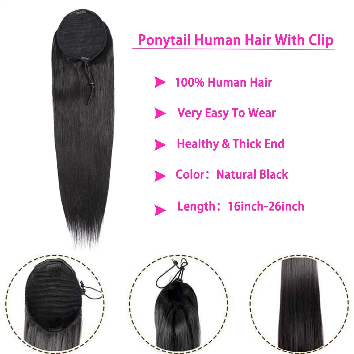 100% Human Hair Drawstring Ponytail Extension Clip In Remy Straight 16 inch Straight Drawstring Ponytail #4/27 Highlight Color Brown  main image 2