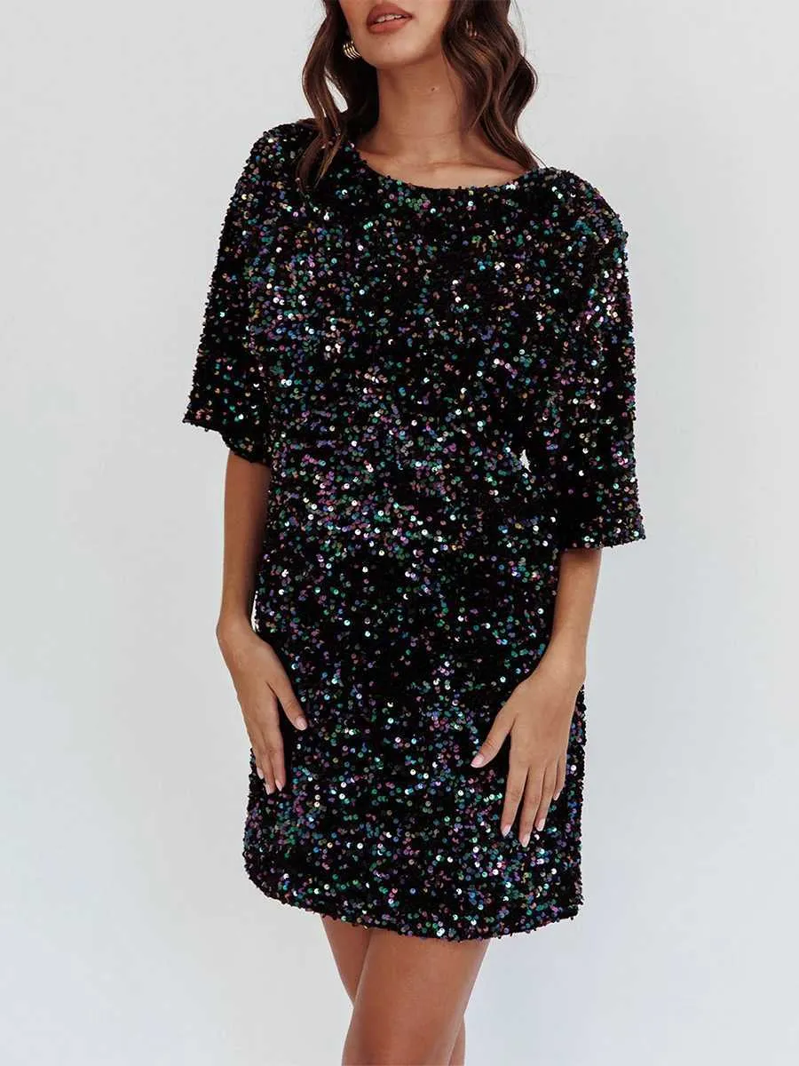 Sparkling Sequin Mini Dress for Women - Knee-Length, Round Neck, Open Back, Tie-Up Mini T-Shirt - Perfect for Parties and Clubs.