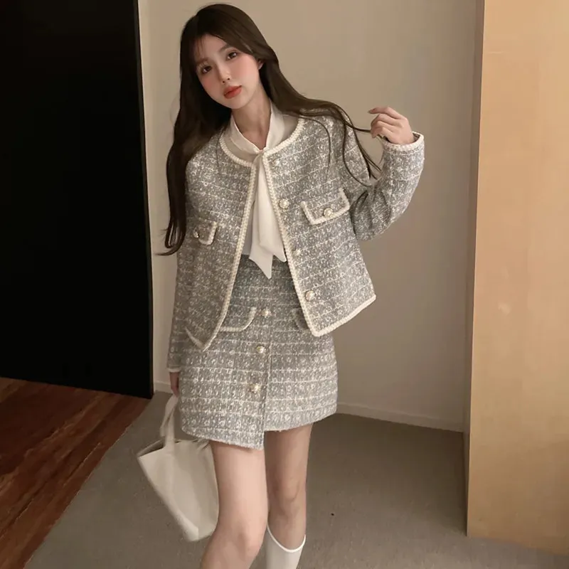 Chic Two Piece Skirt Set: Autumn Tweed Jacket & High Waist