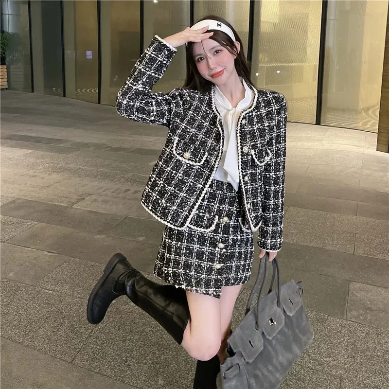Chic Two Piece Skirt Set: Autumn Tweed Jacket & High Waist