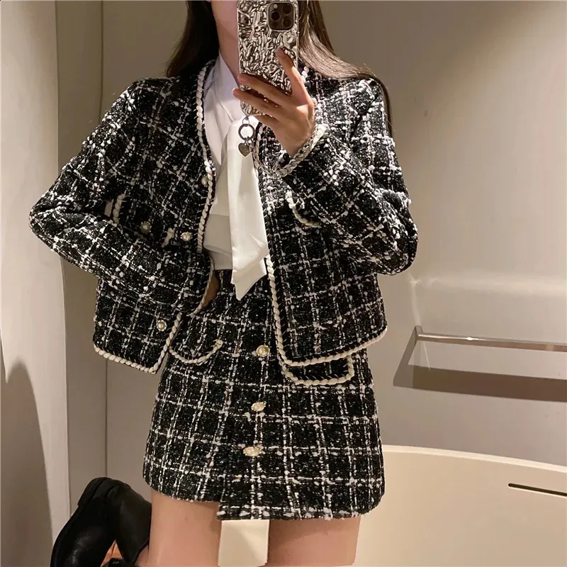 Chic Two Piece Skirt Set: Autumn Tweed Jacket & High Waist