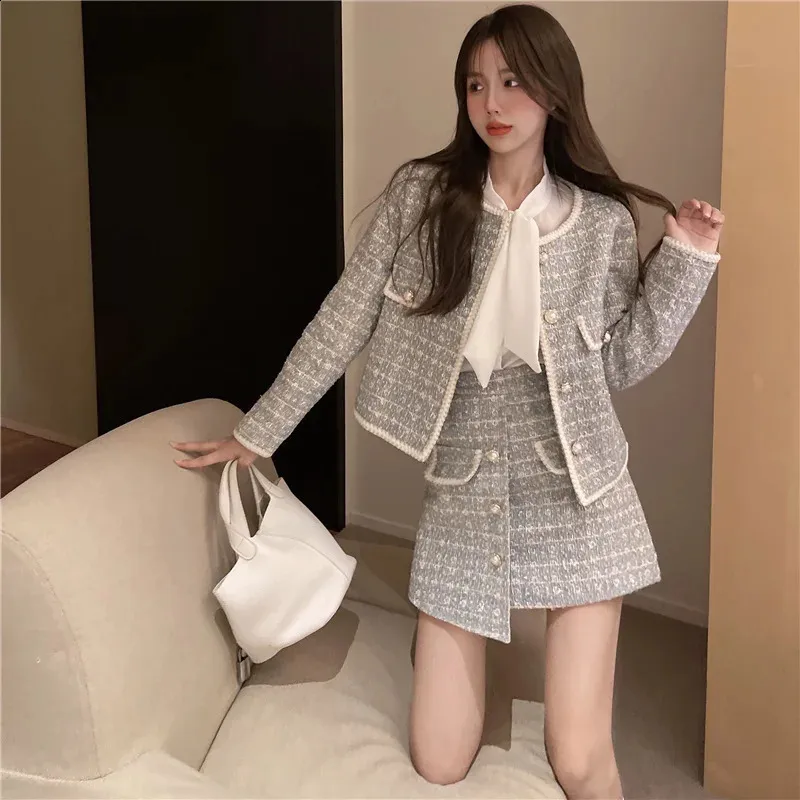 Chic Two Piece Skirt Set: Autumn Tweed Jacket & High Waist