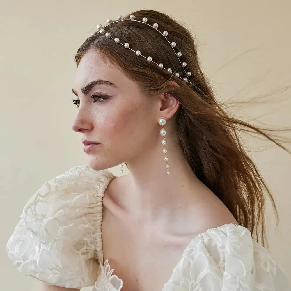 Elegant Pearl Headband wedding bridal prom Wide Pearl and Crystal Bridal Headband: Ivory White Crystal  main image 4