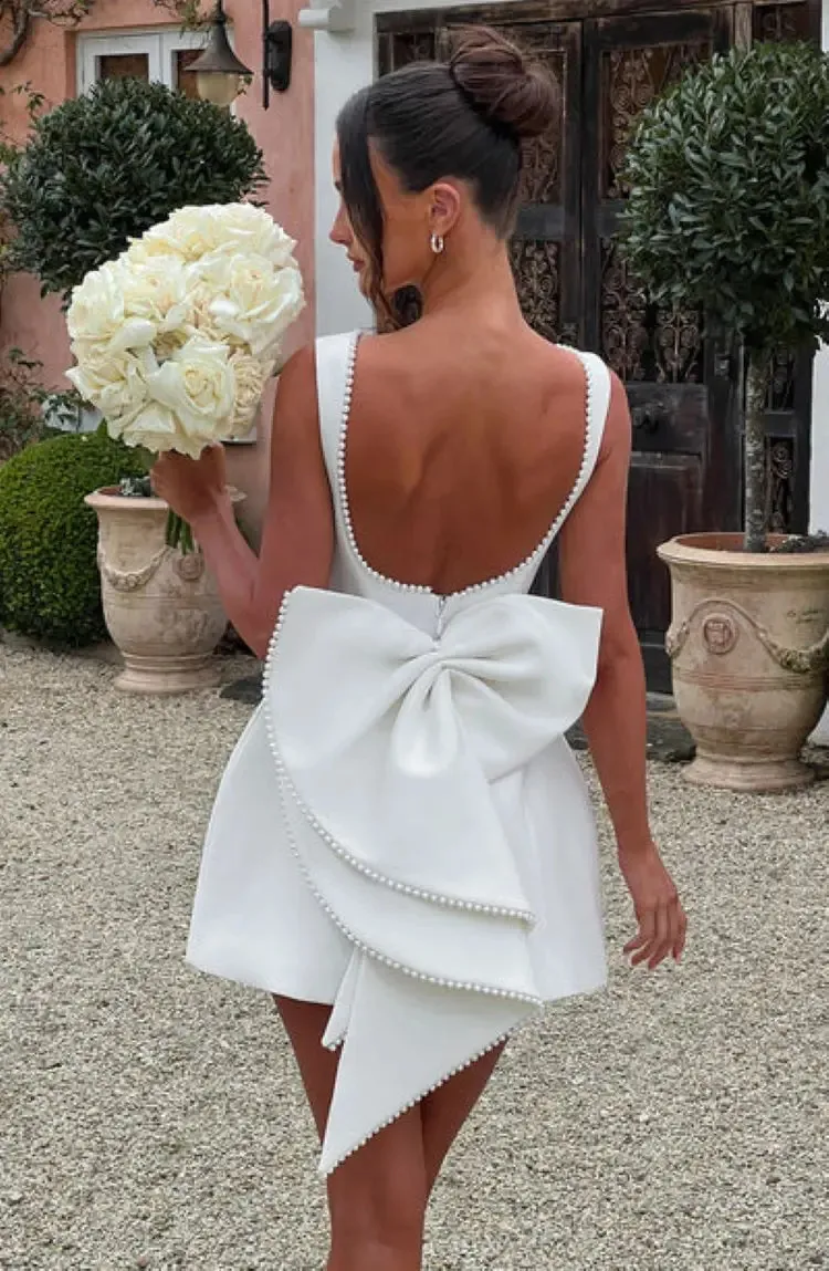 cute bow dress womens Pearl Bow Backless Sexy Mini Dress Womens Elegant Sleeveless A-line Party Cute Short Dresses White Black Pink Birthday Evening 250122