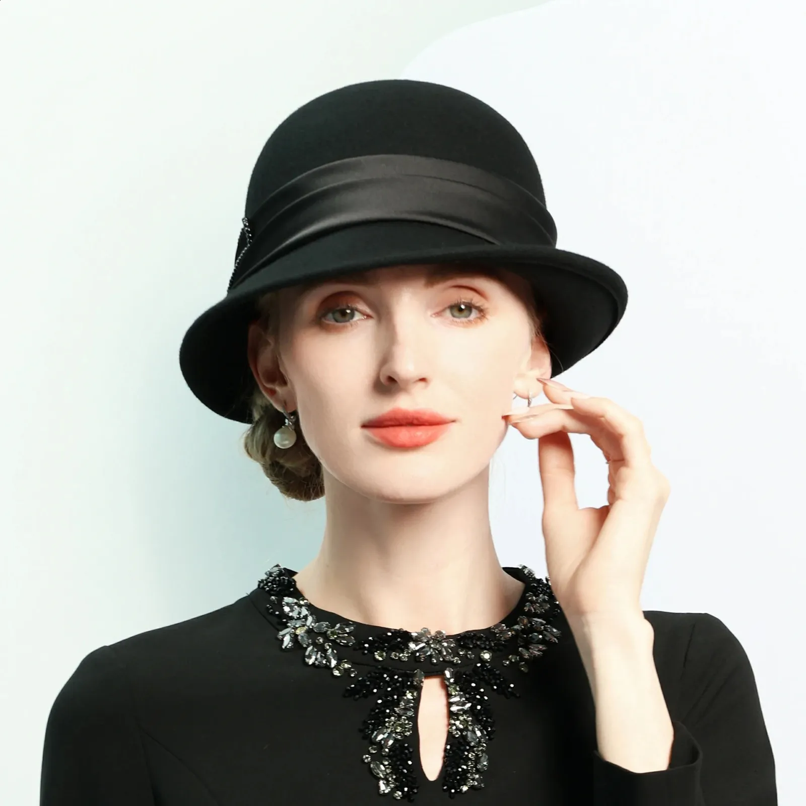 Elegant Black Wool Bowler Hat With Faux Pearl Accents Formal 