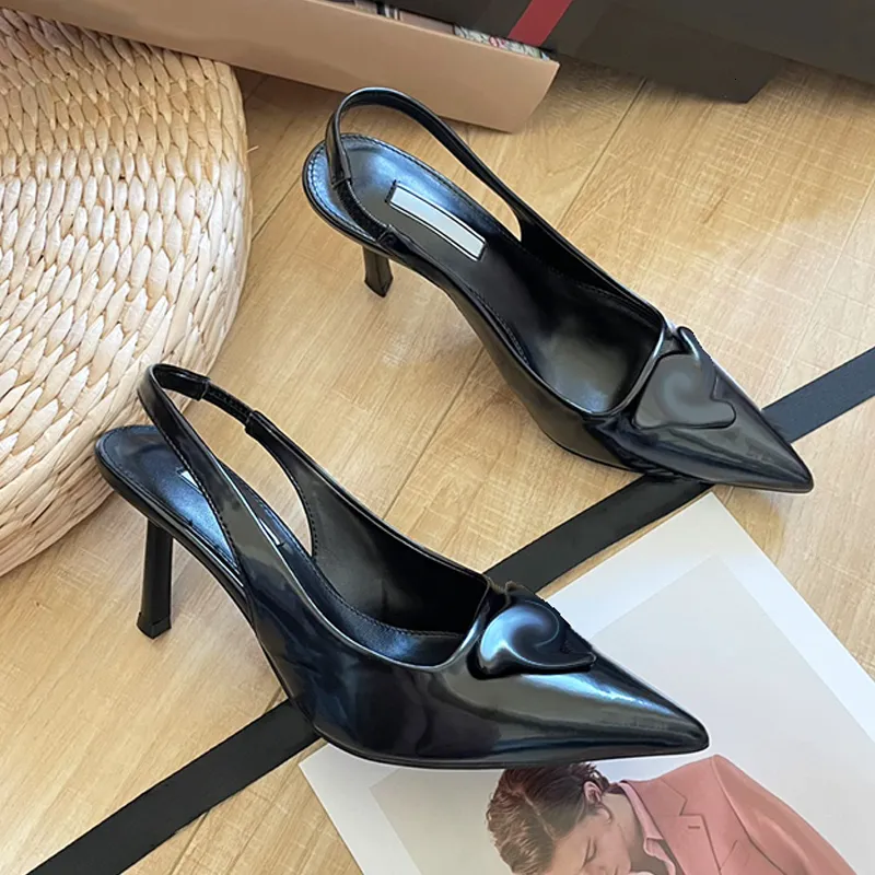 Leather Slingback High Heels Designer Dress Shoes Metal Triangle