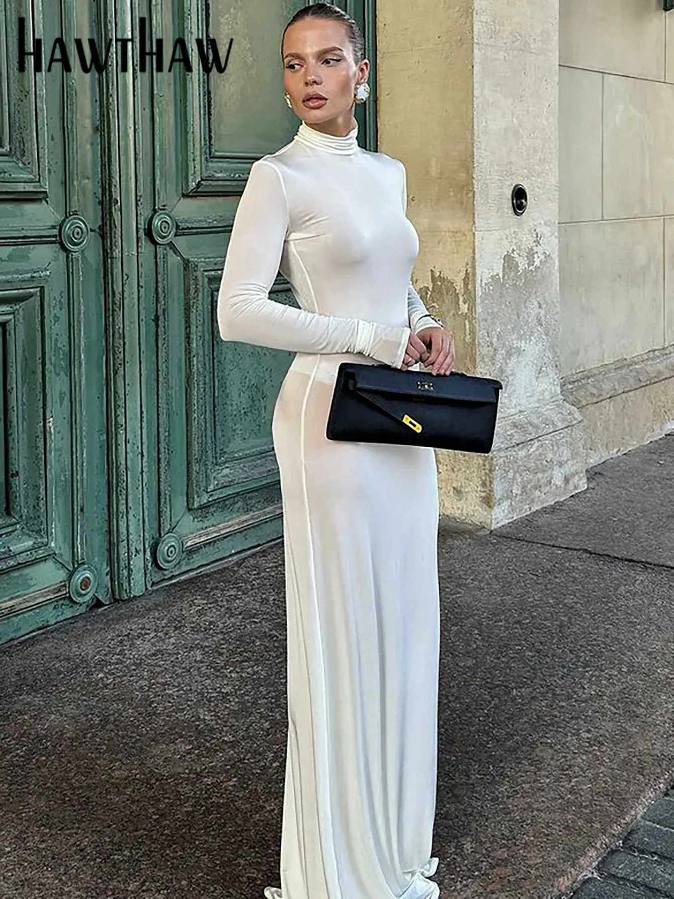 HOT Casual Long White Bodycon Dresses White Long Sleeve - Main Image