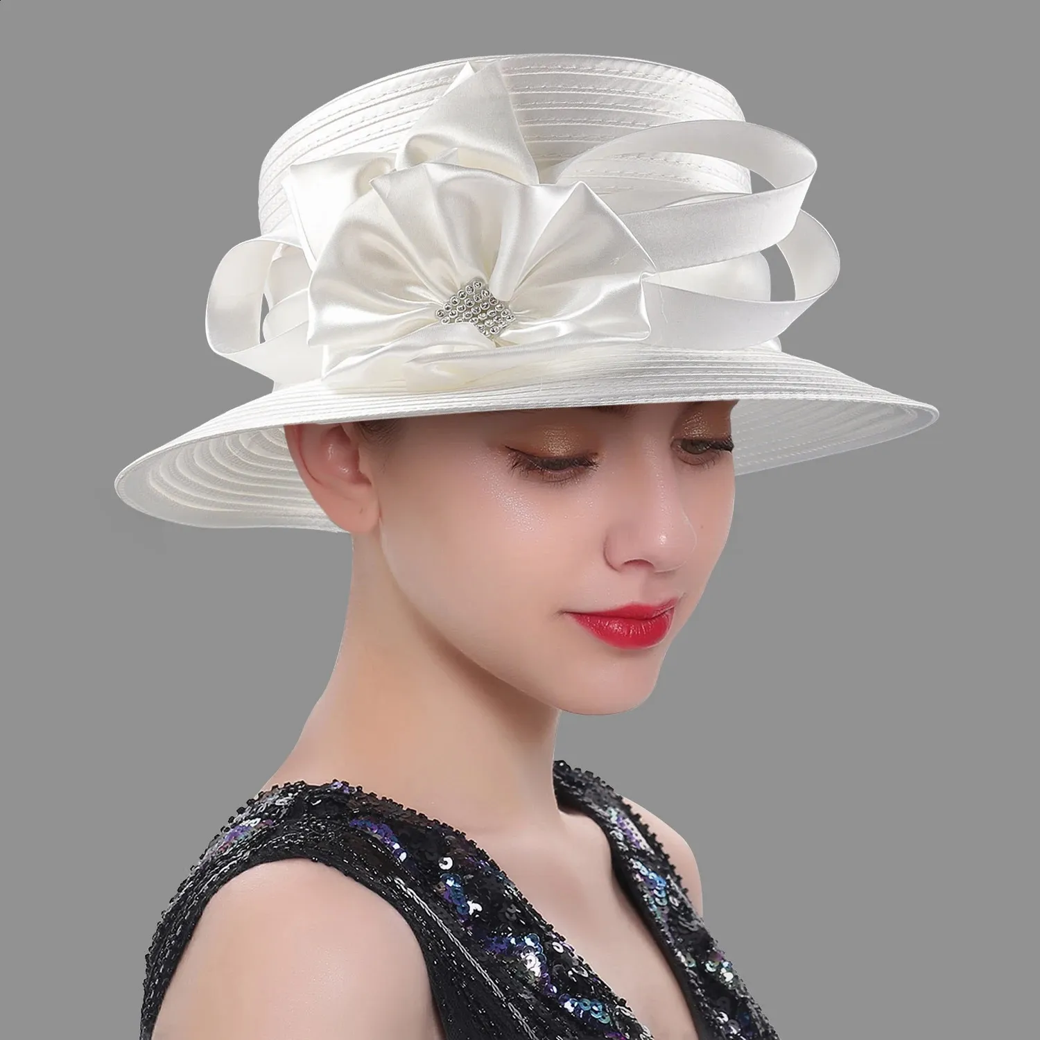 Grey Dress Hat Church Hat with Satin Flower Rosette One Size Satin Flower Fascinator Wedding Hat Unique Derby Hat Fancy  main image 4