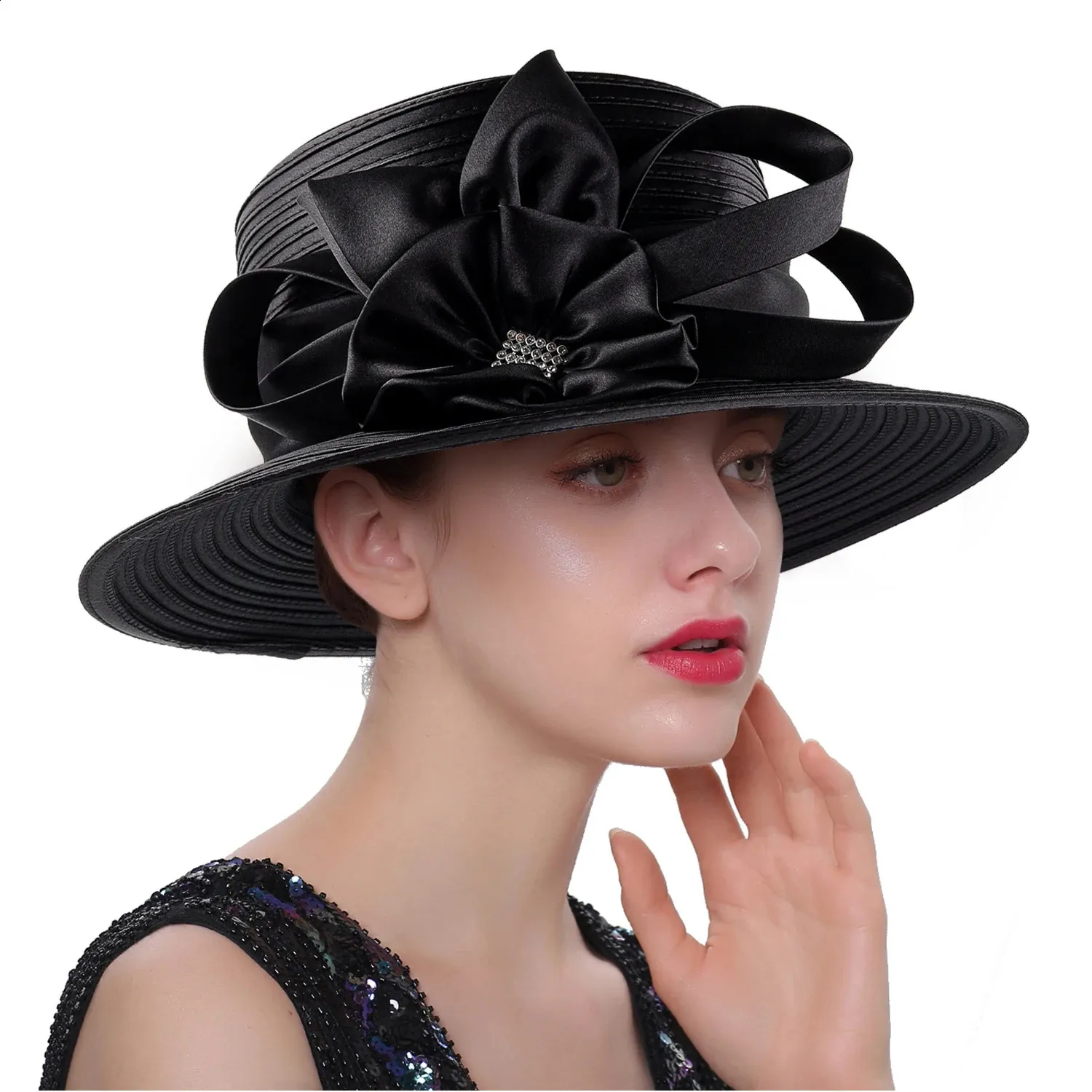 Elegant Satin Cloth Flower hats for church women for display picture 2