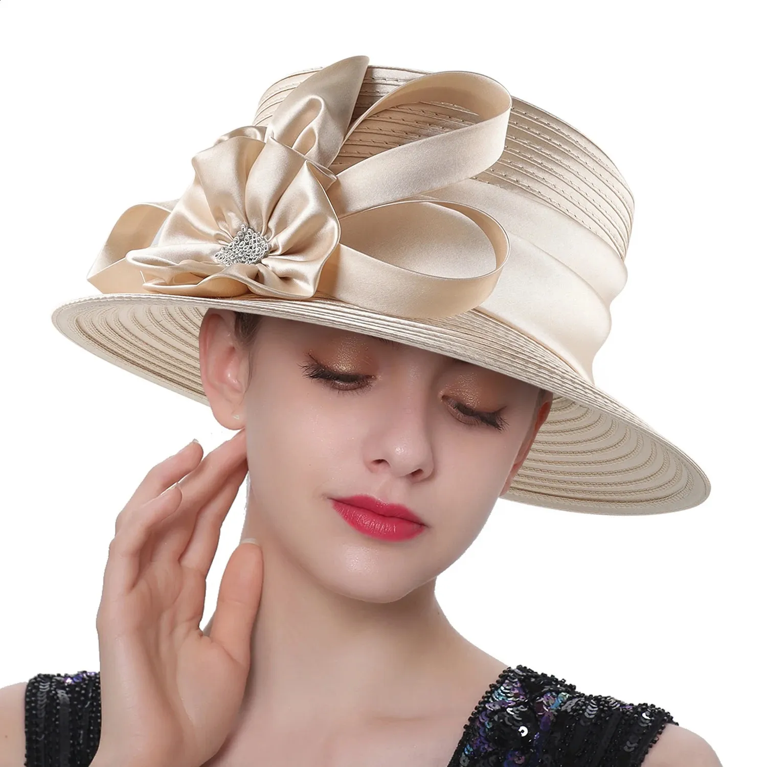 Elegant Satin Cloth Flower hats for church women for display picture 3