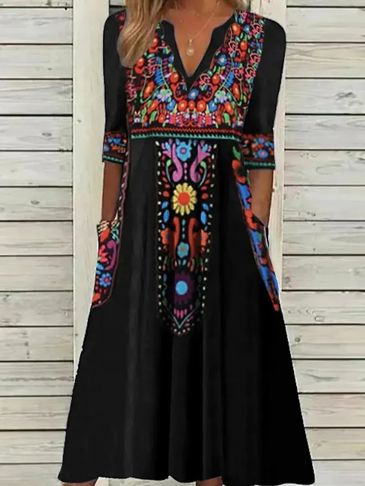 Boho Print Vintage Midi Dress for Women - V-Neck, Pocket, Seven-quarter Sleeves, Fall Fashion Robe Boho Femme (250208)