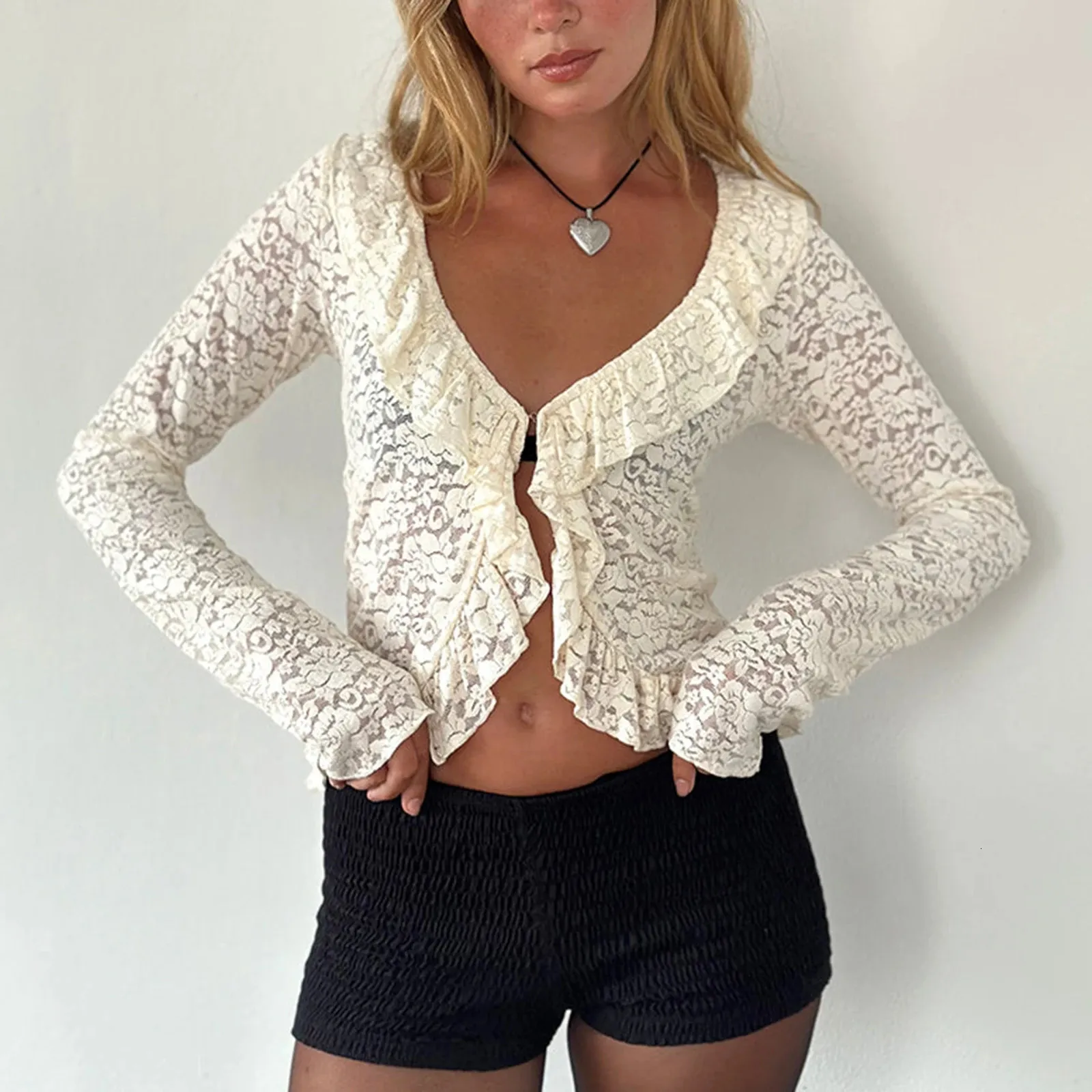 Hirigin Sexy Women Sheer Lace Cardigan Tops Ruffled Trim Long