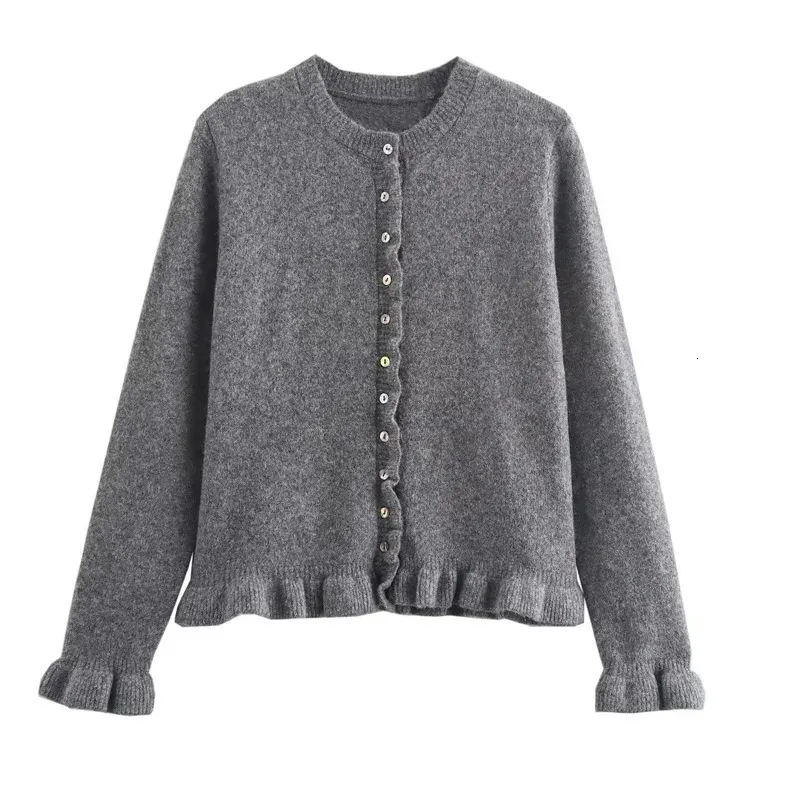 TRAF Gray Knit Cardigan Sweater Womens Ruffle Long Sleeve Button