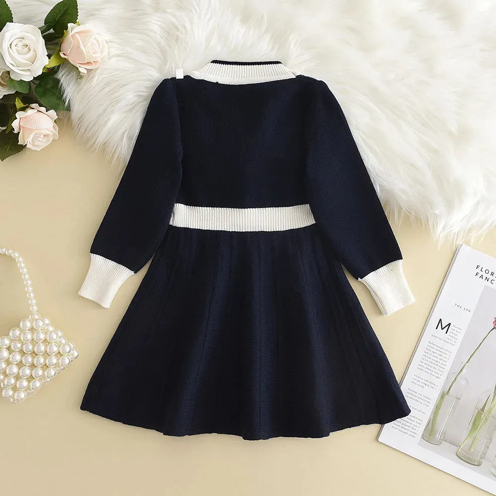 Winter Girl's Red Knitted Wool Toddler Christmas Dress with Long Sleeves, Splicing, and Bow Detail - Bear Leader Fashionable Christmas Clothes (250120