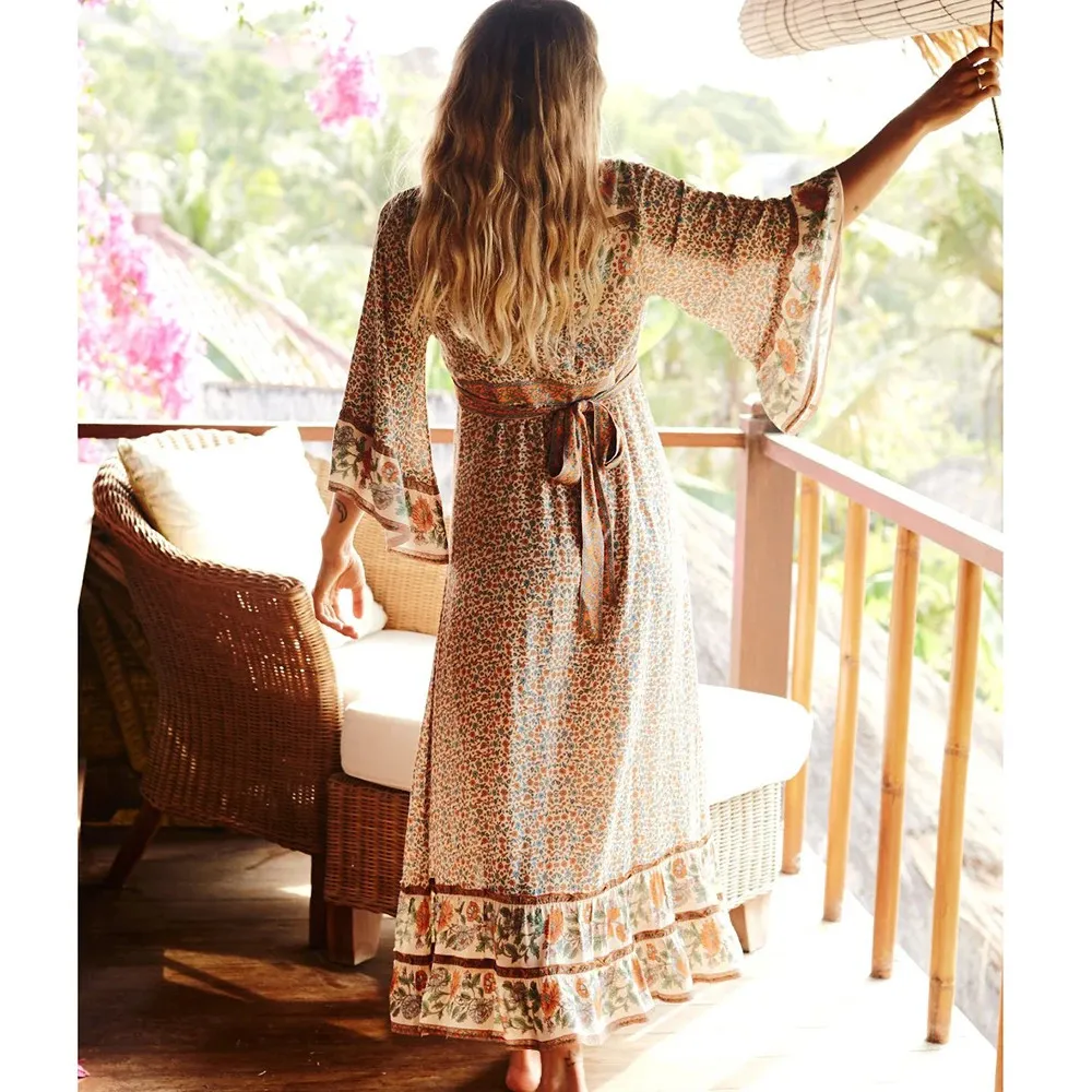 knee length dresses for ladies Bohemian long Sleeve Loose Summer Dress