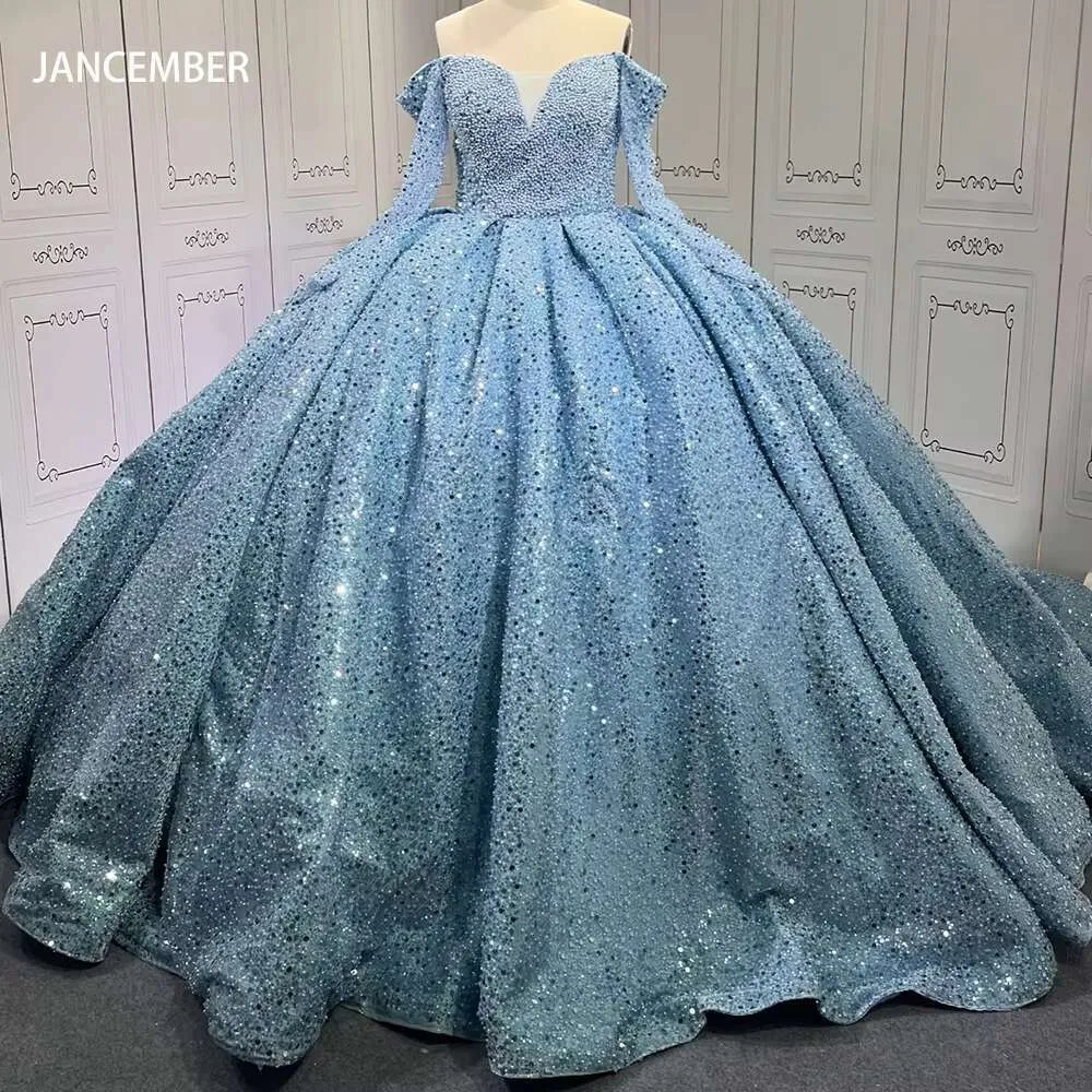 Off-the-shoulder empire silhouette quinceanera prom dress with cathedral  train and criss cross back design