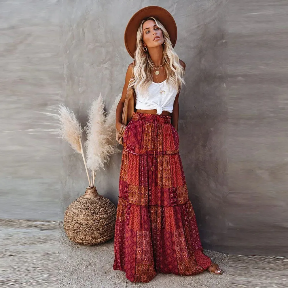 High Waisted Pleated Skirts: Womens Floral Boho Maxi Skirt With