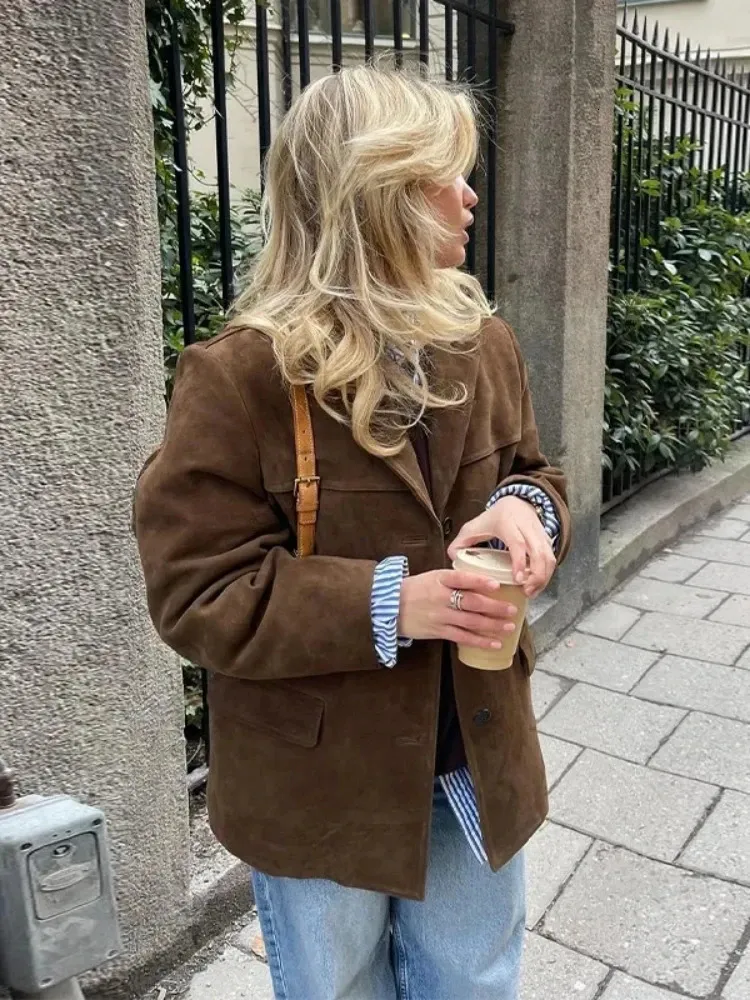 Veste Femme Imitation Daim Marron - Style Rétro, Coupe Oversize, Pour Automne/hiver, Look Y2K - 6