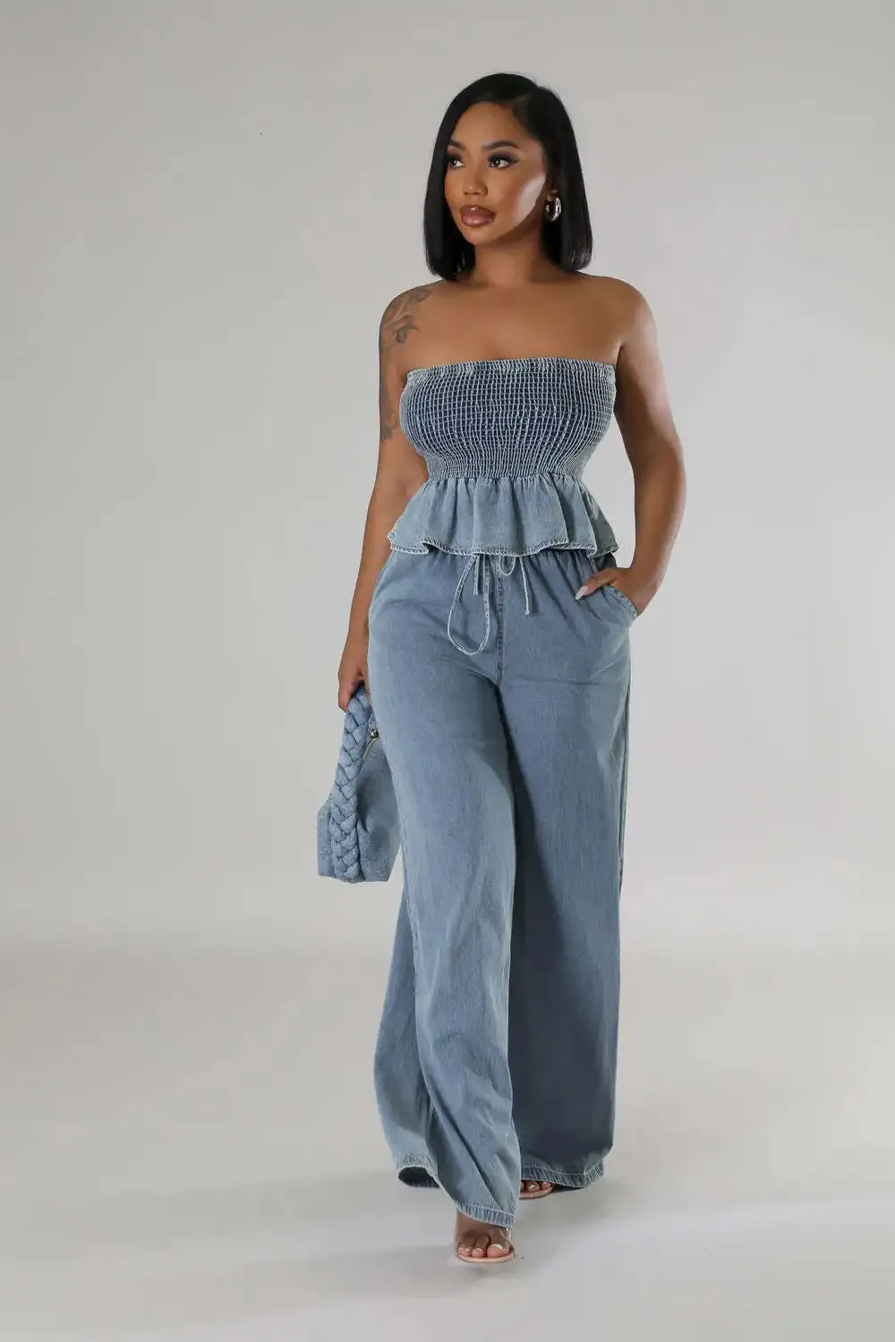 Ensemble De Deux Pièces En Denim Tenue De Jean De Jambe Large Pour