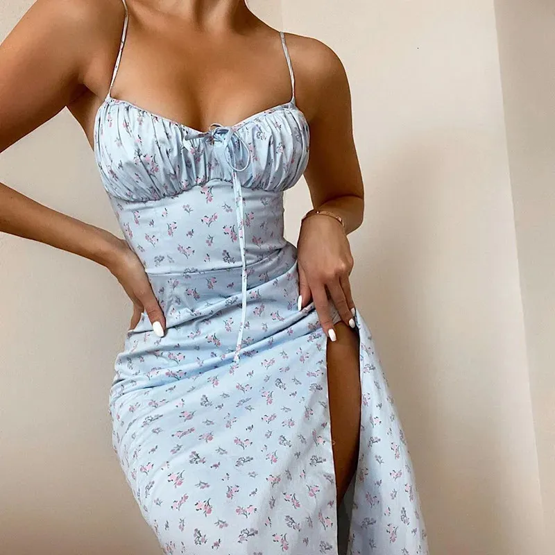 princess polly baby blue dress summer floral long Fitted dress for woman casual formal halter backless bodycon  dress with slit side