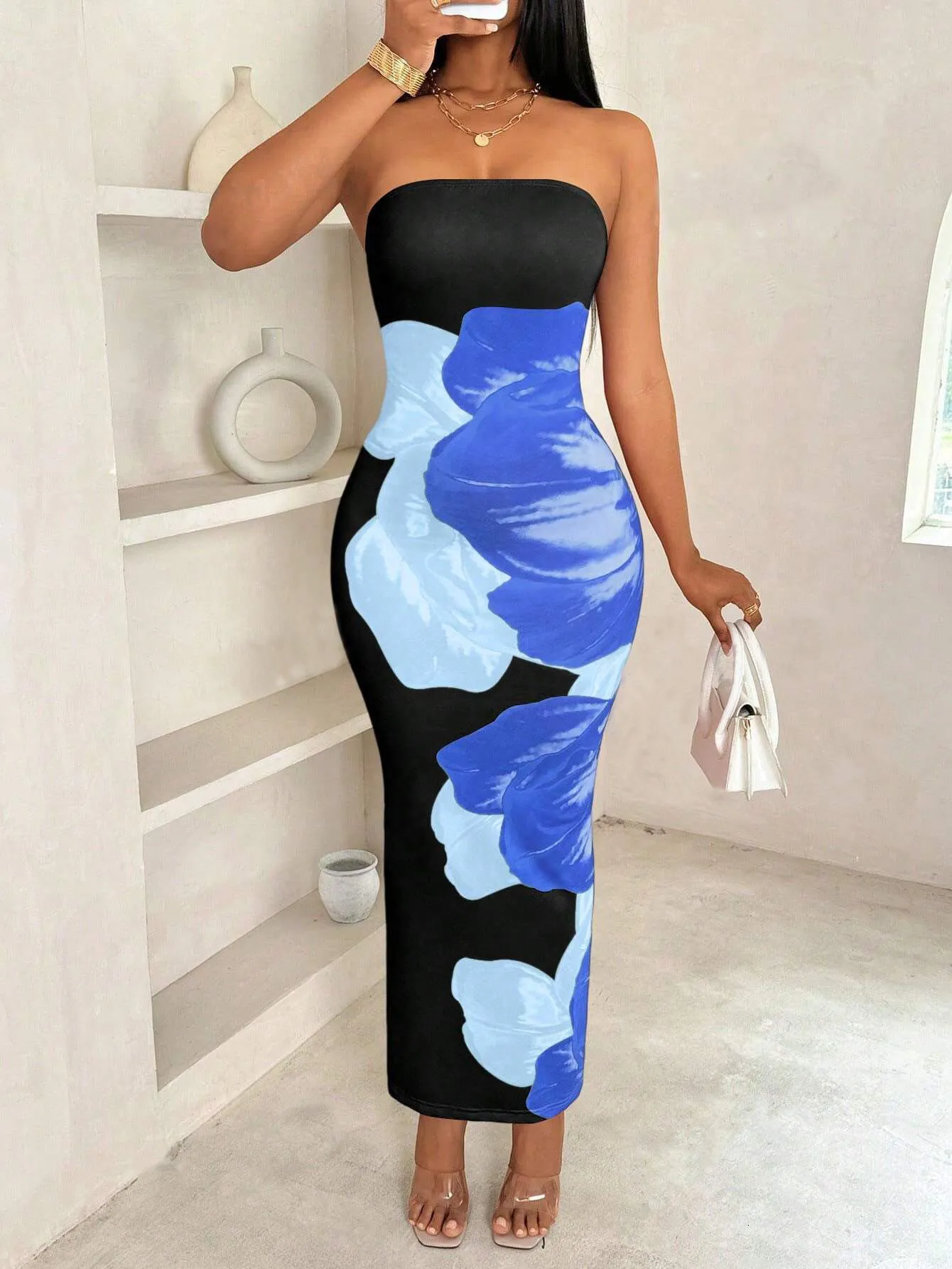 2024 European & American Shein strapless midi dress - Elegant Off-Shoulder Floral Print for Women, Slim Fit & Fashionable 2024 European & American Shein strapless midi dress - Elegant Off-Shoulder Floral Print for Women, Slim Fit & Fashionable