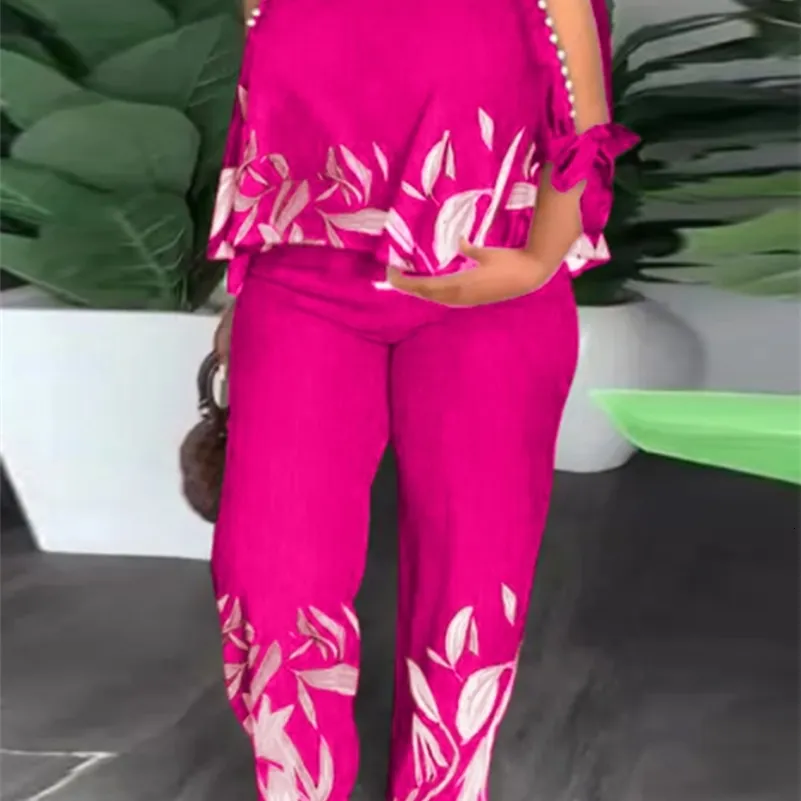 Plus Size Womens Pant Set Bohemian Print Cold Shoulder Top